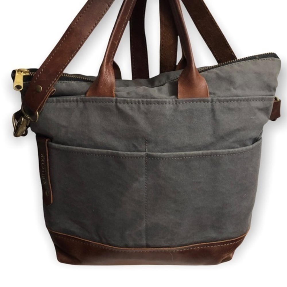R. Riveter two way canvas and leather gray brown bag made in USA